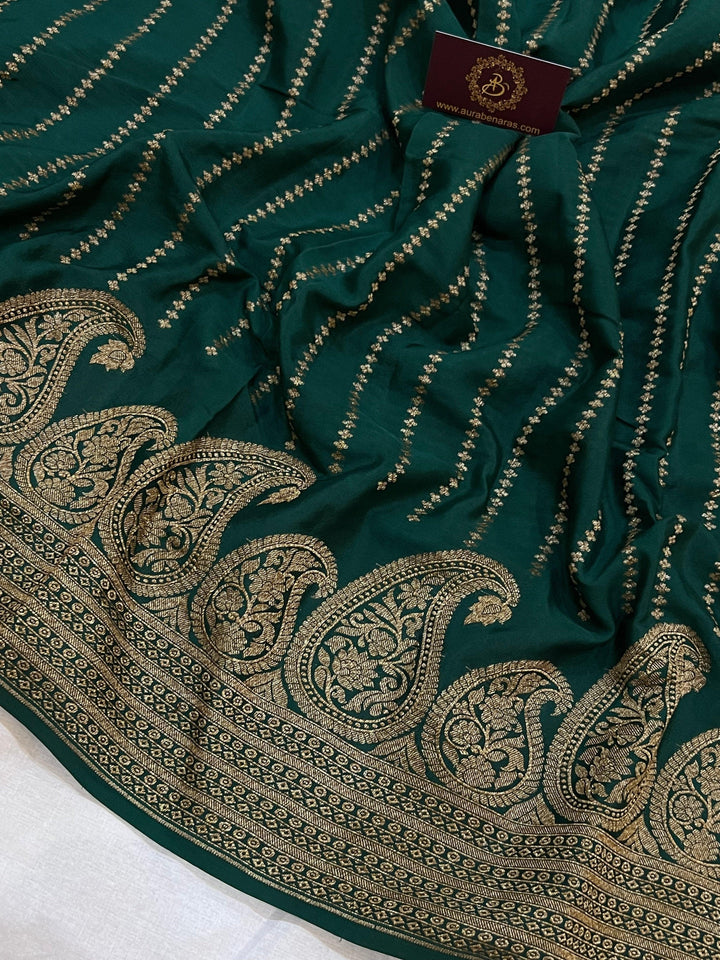 Bottle Green Pure Banarasi Khaddi Crepe Silk Saree - Aura Benaras