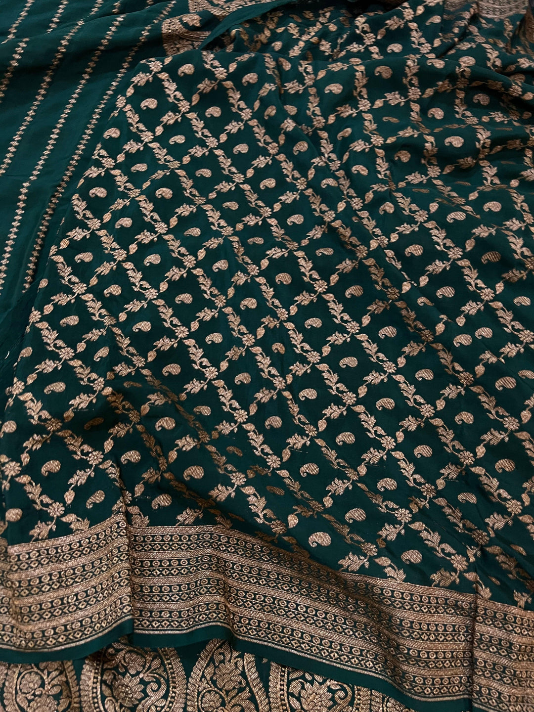 Bottle Green Pure Banarasi Khaddi Crepe Silk Saree - Aura Benaras