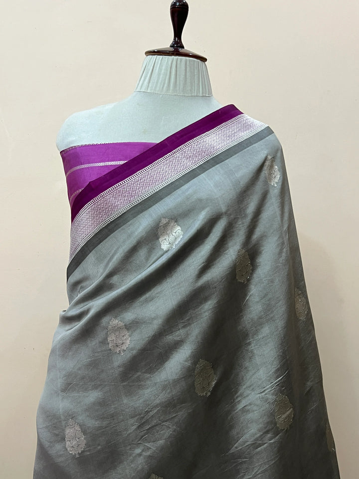 Grey Pure Silk Handloom Banarasi Saree