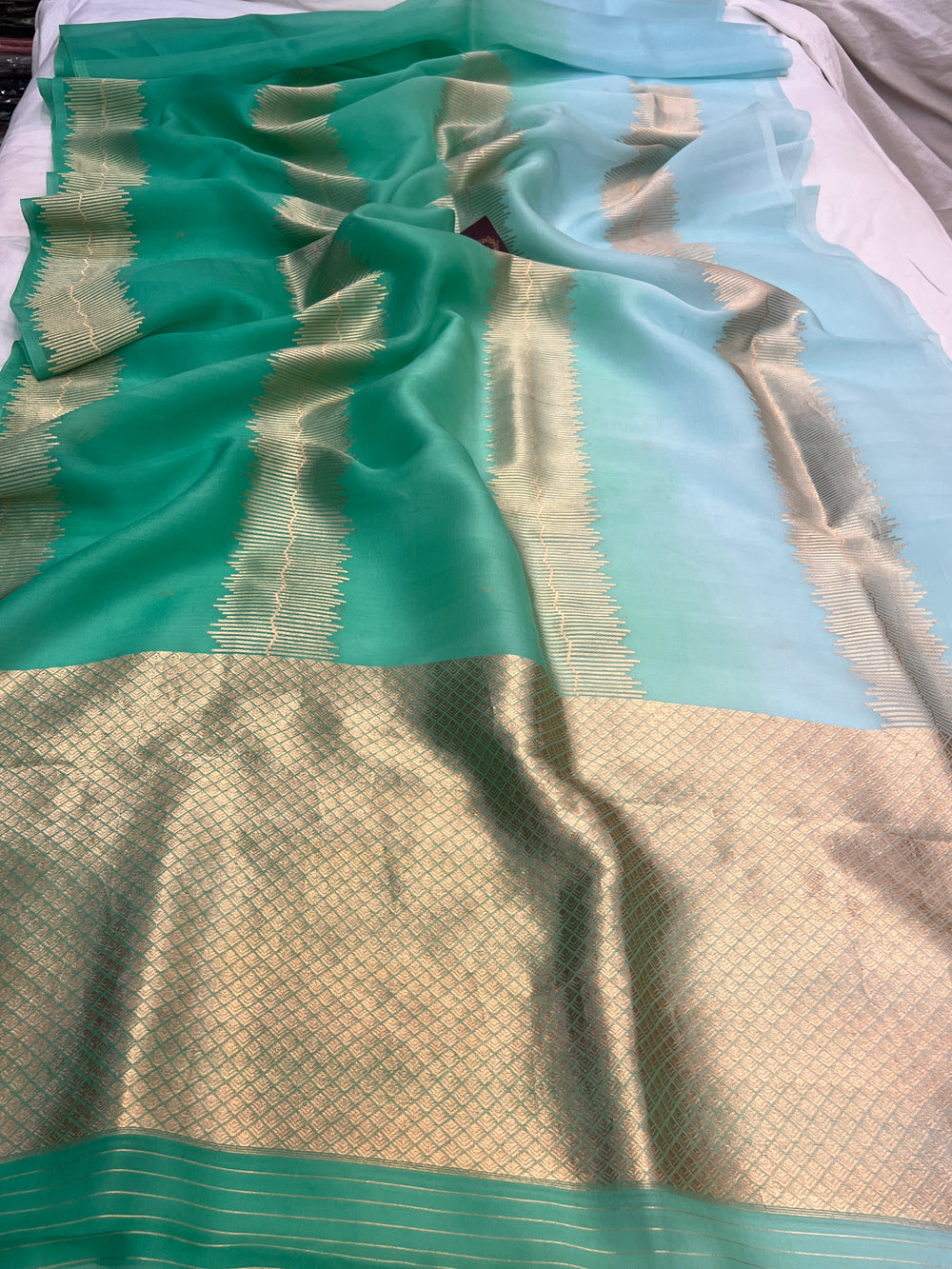 Mint Green-Sea Green Shaded Pure Kora Silk Handloom Banarasi Saree