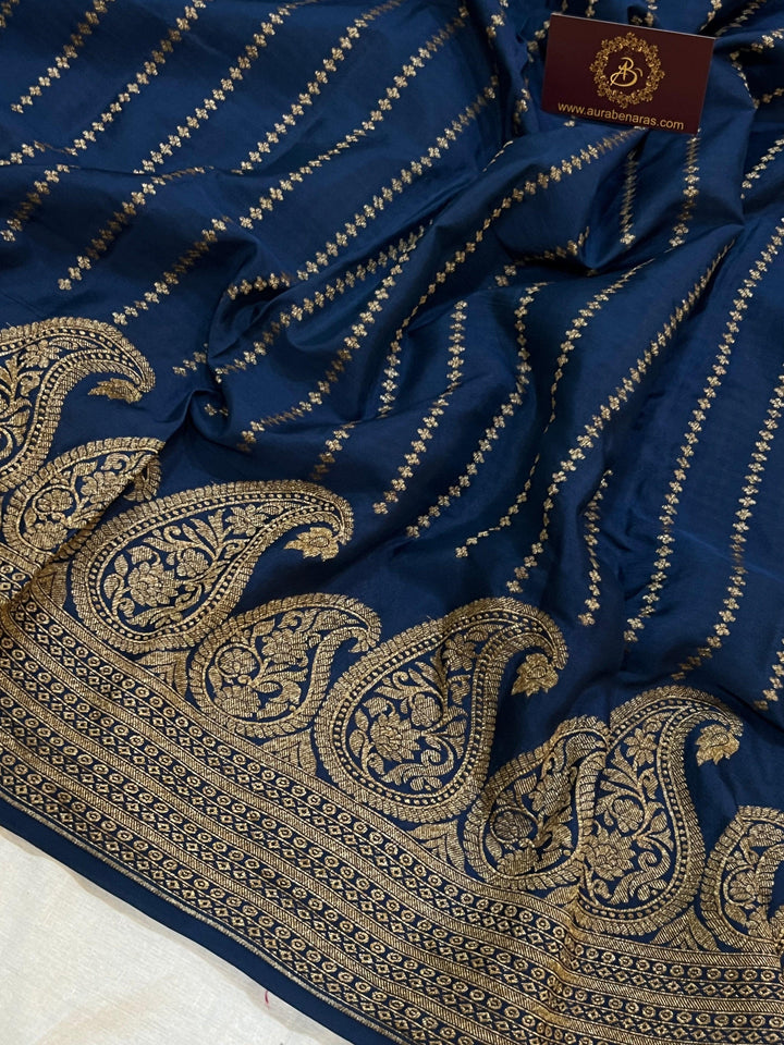 Teal Blue Pure Banarasi Khaddi Crepe Silk Saree - Aura Benaras