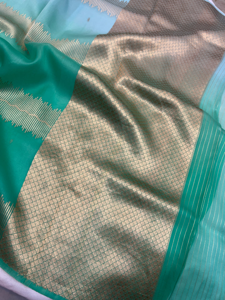 Mint Green-Sea Green Shaded Pure Kora Silk Handloom Banarasi Saree
