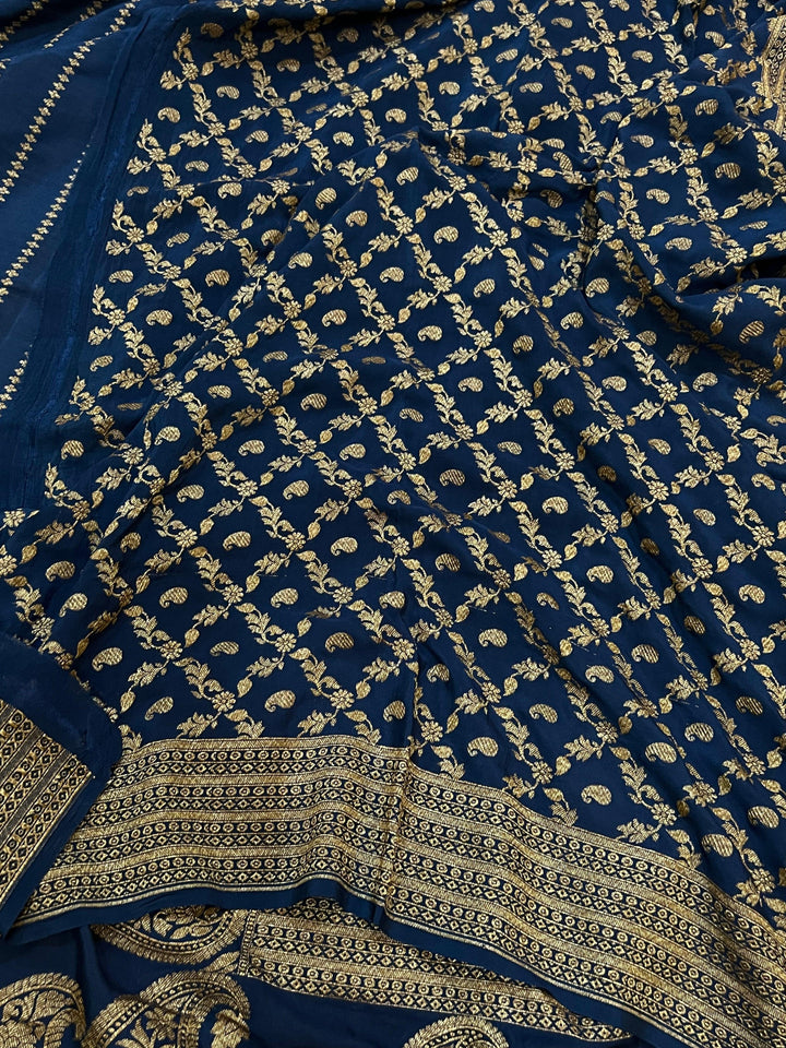 Teal Blue Pure Banarasi Khaddi Crepe Silk Saree - Aura Benaras