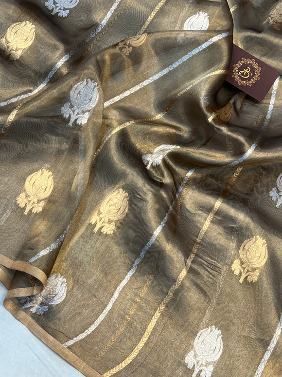 Greyish Black Banarasi Handloom Organza Tissue Silk Saree - Aura Benaras