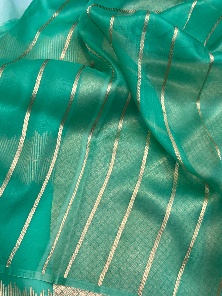 Mint Green-Sea Green Shaded Pure Kora Silk Handloom Banarasi Saree