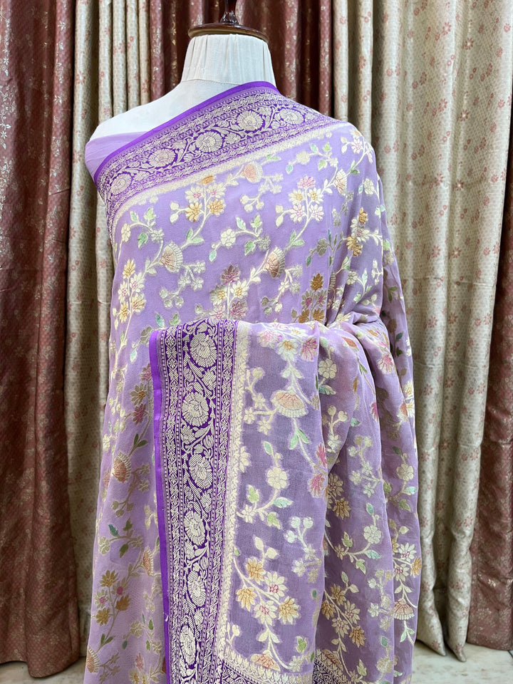 Lavender Rangkaat Banarasi Khaddi Georgette Saree - Aura Benaras