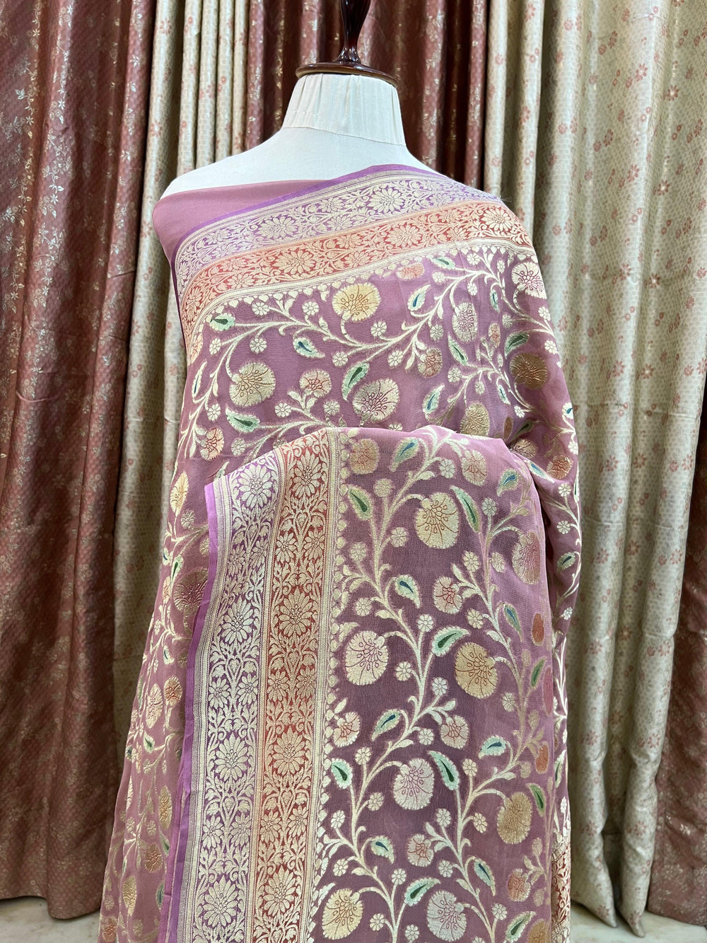 Pastel Onion Banarasi Khaddi Georgette Saree - Aura Benaras