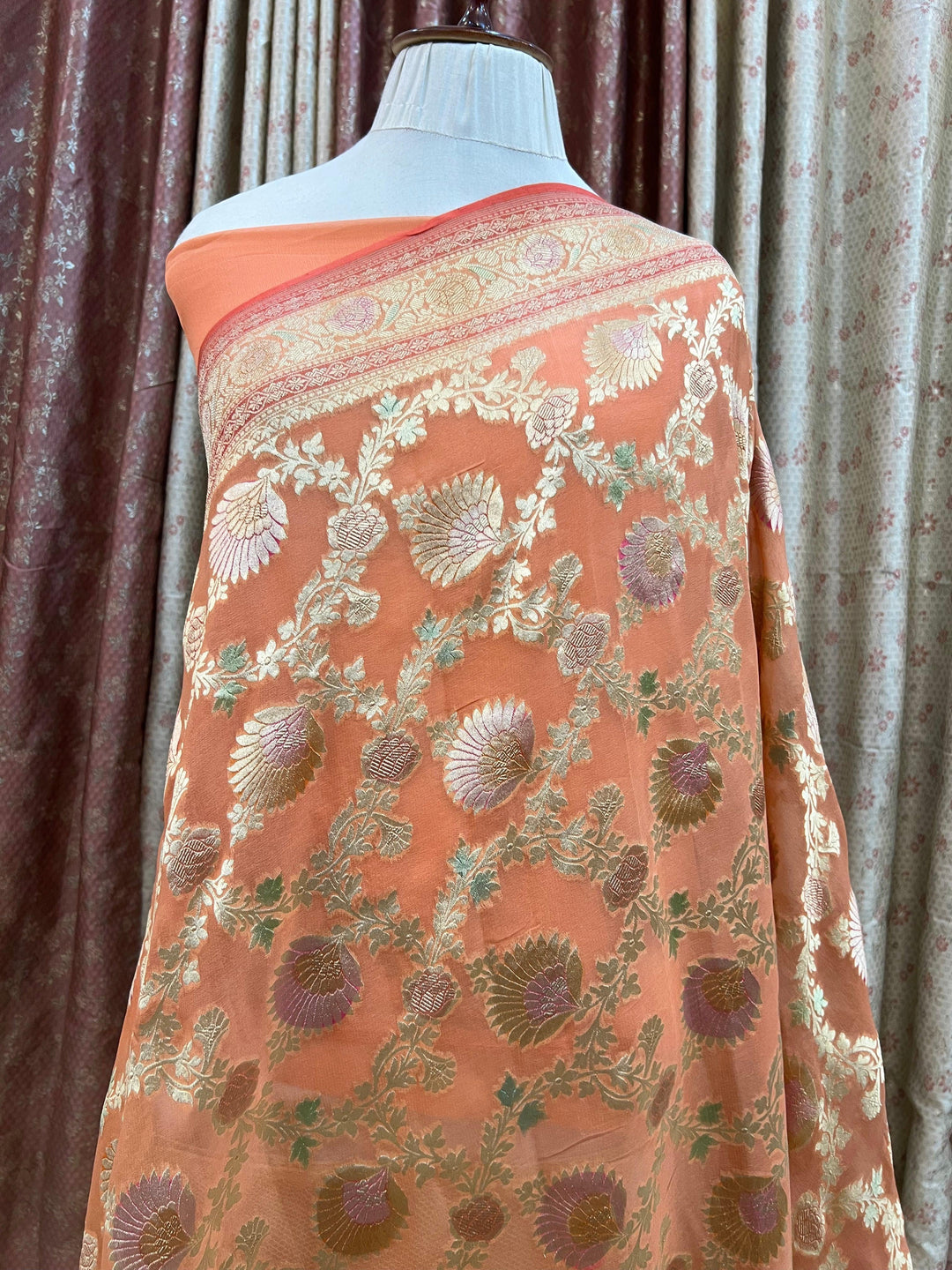 Peach Rangkaat Banarasi Khaddi Georgette Saree