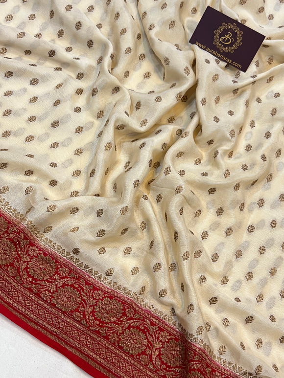 Cream Pure Banarasi Khaddi Crepe Silk Saree - Aura Benaras