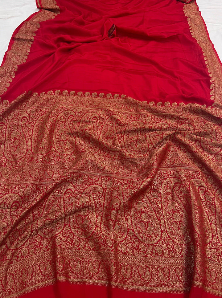Red Pure Banarasi Khaddi Crepe Silk Saree - Aura Benaras