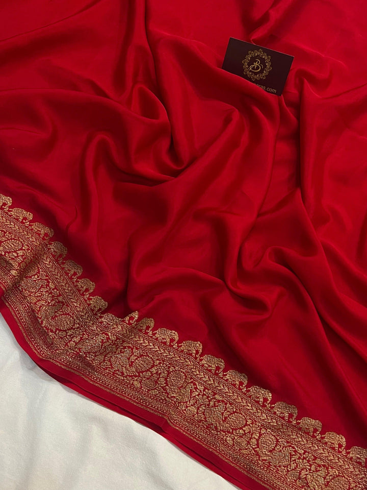 Red Pure Banarasi Khaddi Crepe Silk Saree - Aura Benaras
