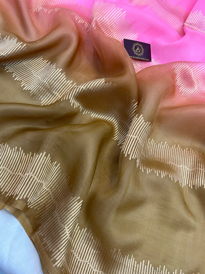 Pink- Golden Shaded Pure Kora Silk Handloom Banarasi Saree