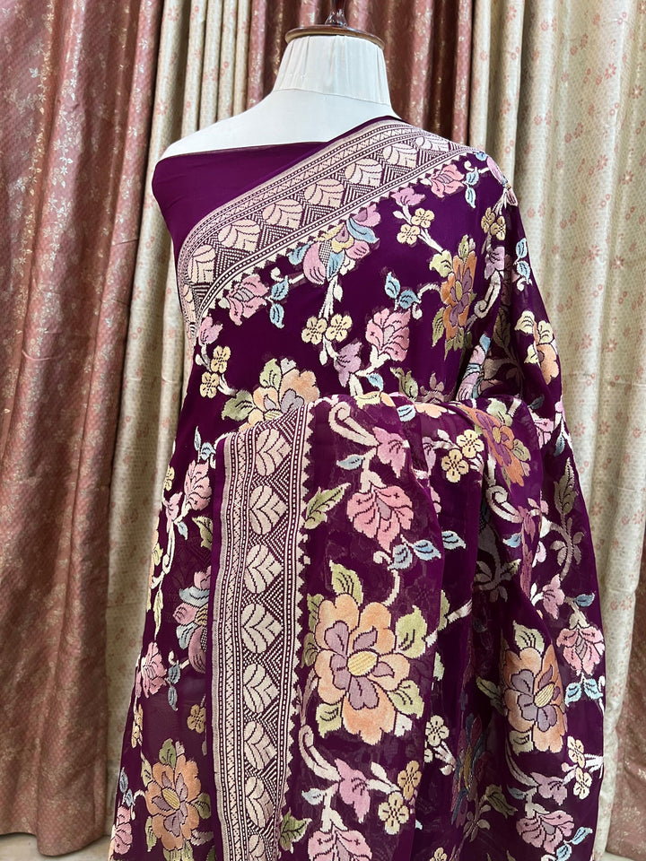 Wine Rangkaat Banarasi Khaddi Georgette Saree - Aura Benaras
