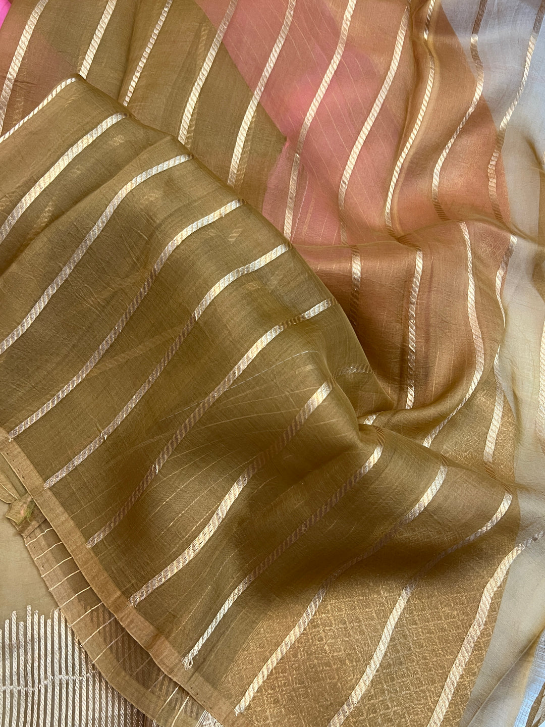 Pink- Golden Shaded Pure Kora Silk Handloom Banarasi Saree