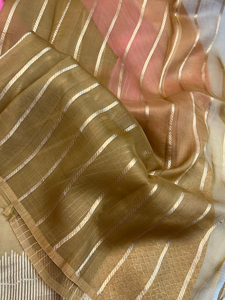 Pink- Golden Shaded Pure Kora Silk Handloom Banarasi Saree