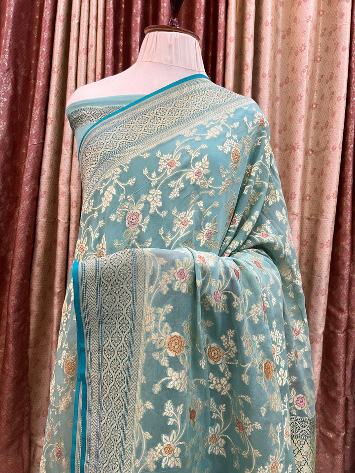 Pastel Blue Banarasi Khaddi Georgette Saree - Aura Benaras