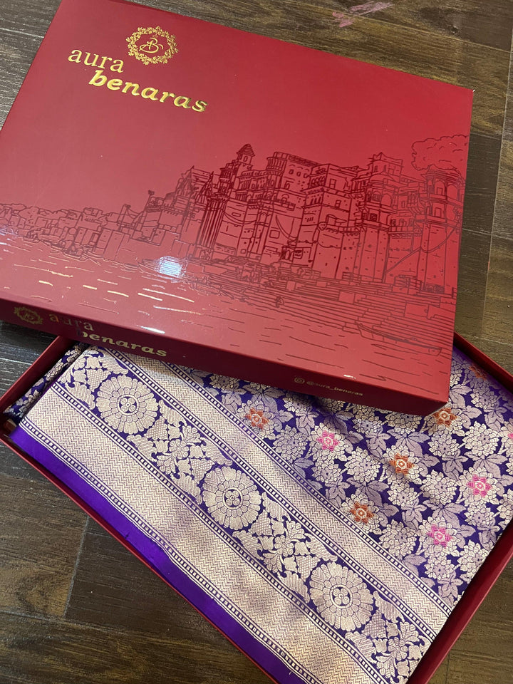 Folded view of pure Katan silk Banarasi saree with rich allover meenakari brocade and traditional Banarasi border