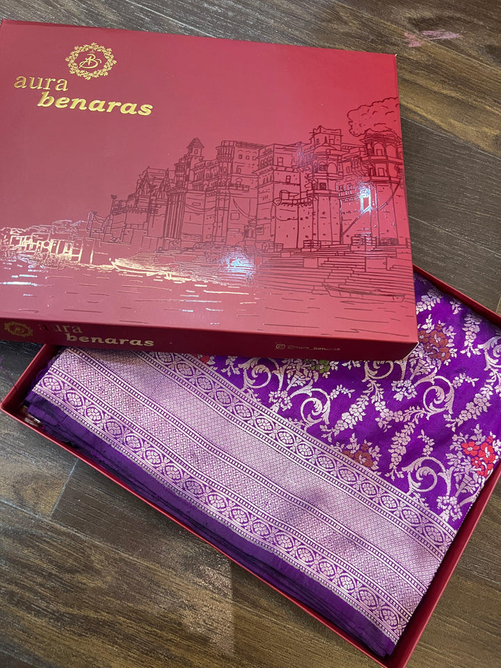 Folded view of pure Katan silk Banarasi saree with rich allover meenakari brocade and traditional Banarasi border