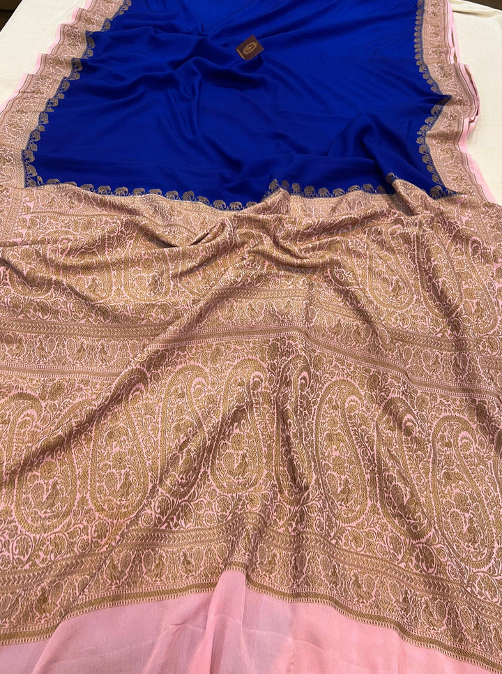 Royal Blue Pure Banarasi Khaddi Crepe Silk Saree - Aura Benaras