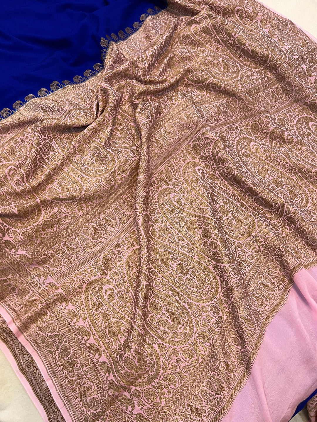 Royal Blue Pure Banarasi Khaddi Crepe Silk Saree - Aura Benaras