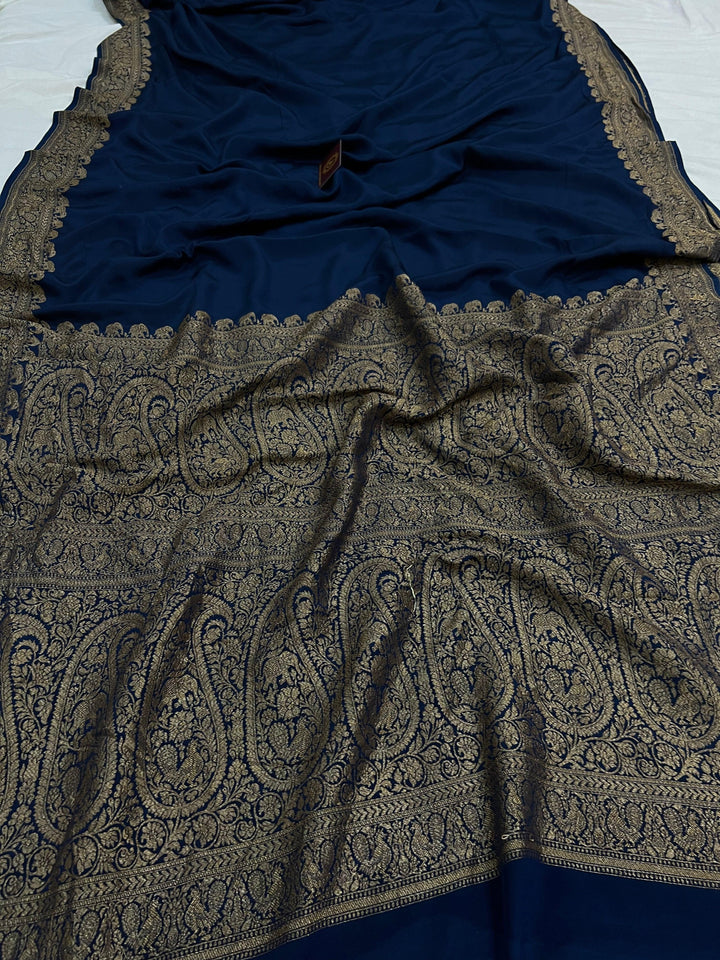 Teal Pure Banarasi Khaddi Crepe Silk Saree - Aura Benaras