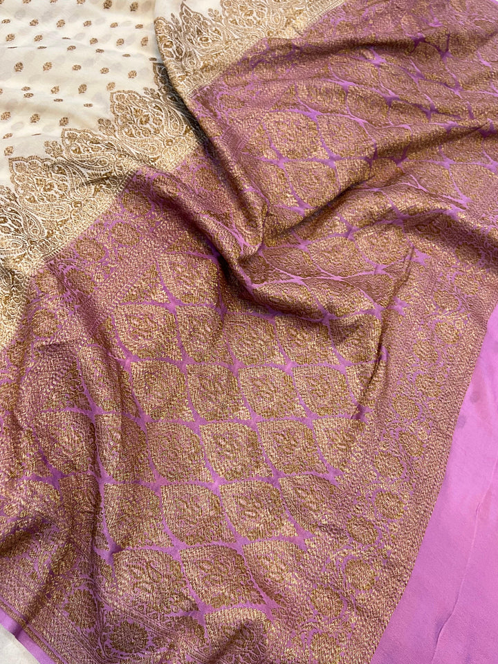 Off White Pure Banarasi Khaddi Crepe Silk Saree - Aura Benaras