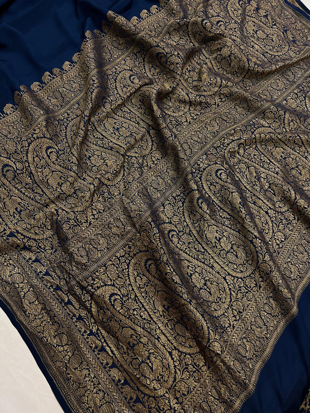 Teal Pure Banarasi Khaddi Crepe Silk Saree - Aura Benaras