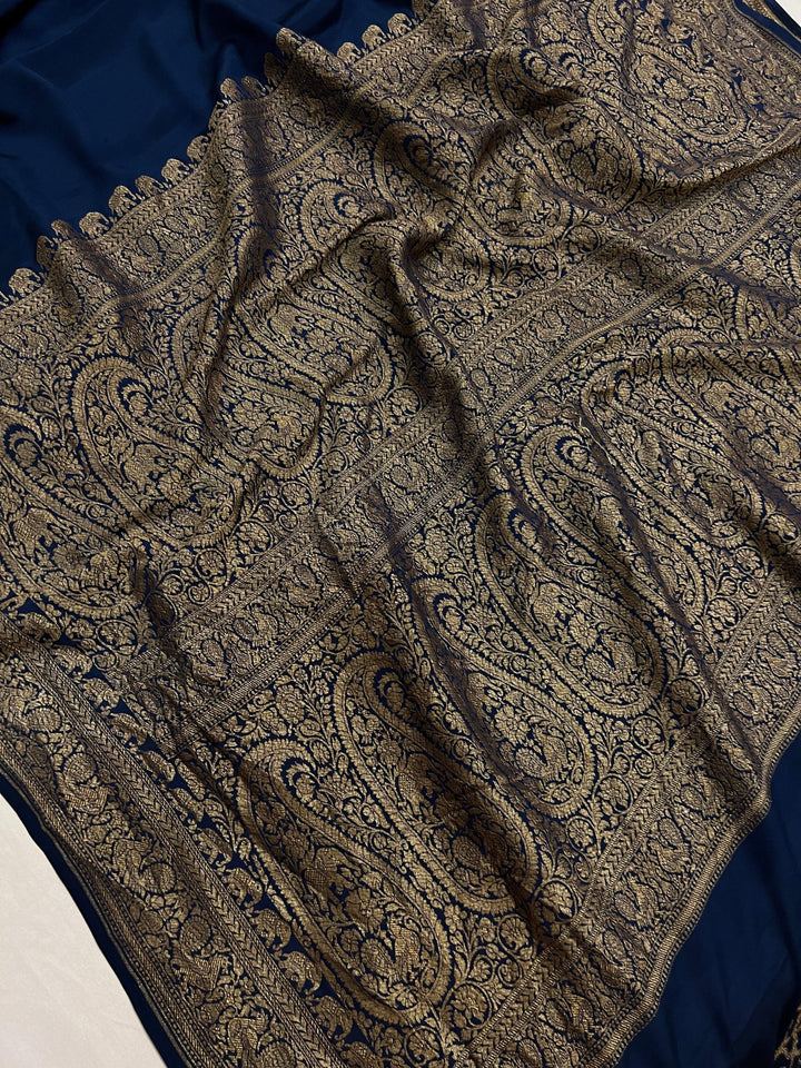 Teal Pure Banarasi Khaddi Crepe Silk Saree - Aura Benaras