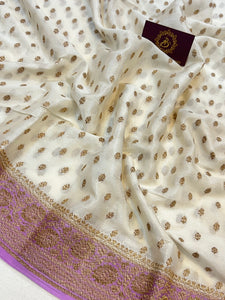 Off White Pure Banarasi Khaddi Crepe Silk Saree - Aura Benaras