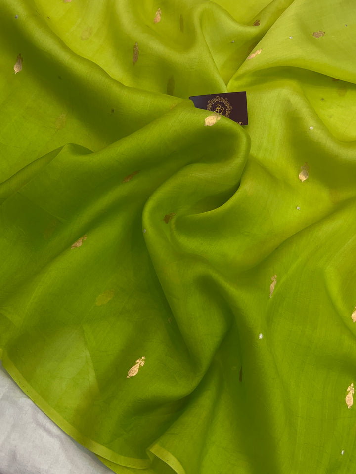 Pista Green Pure Kora Silk Handloom Banarasi Saree