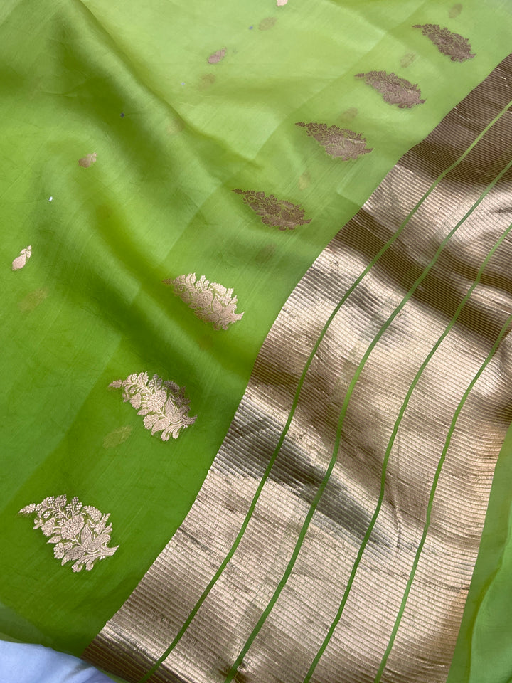 Pista Green Pure Kora Silk Handloom Banarasi Saree