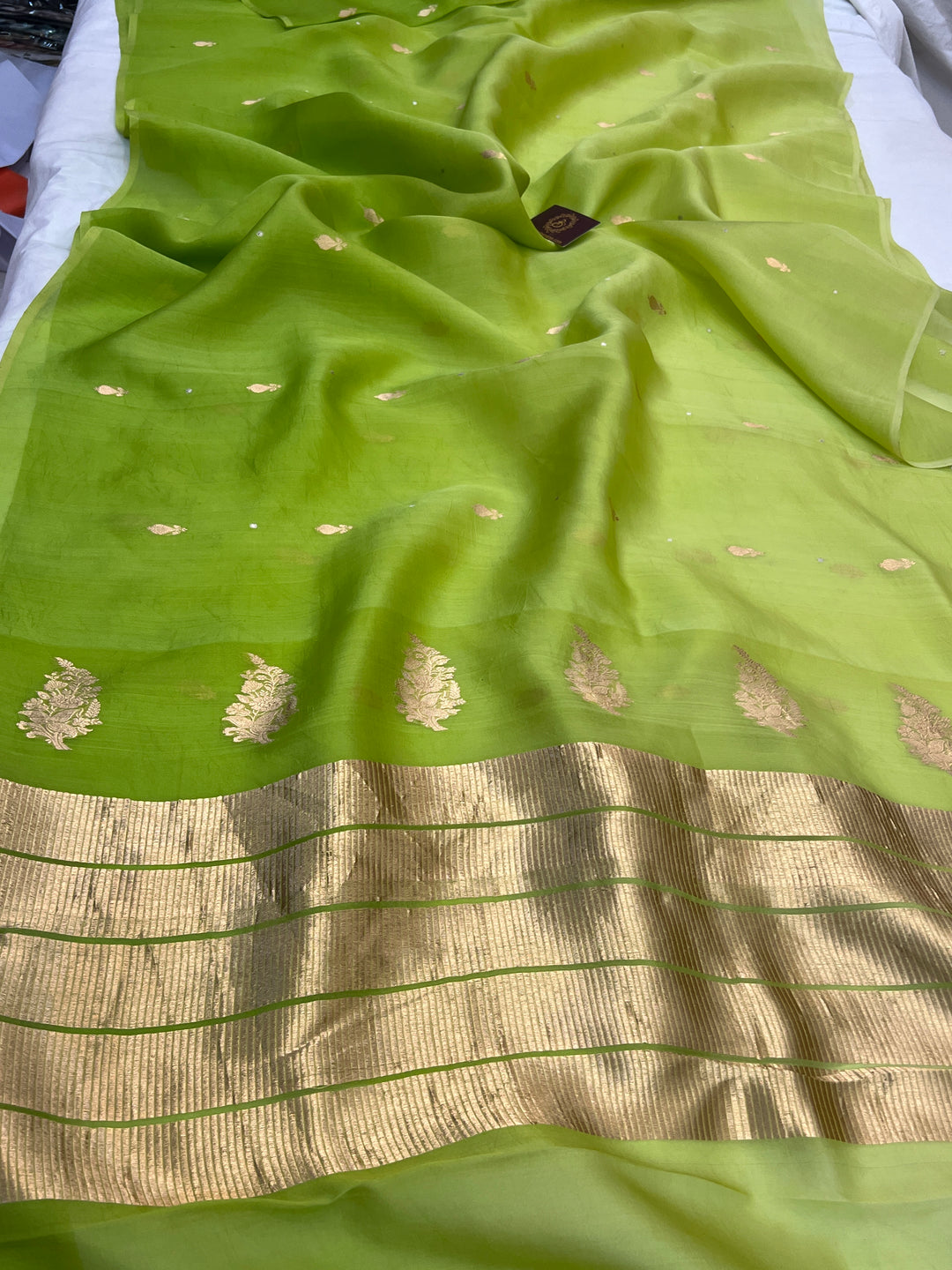 Pista Green Pure Kora Silk Handloom Banarasi Saree