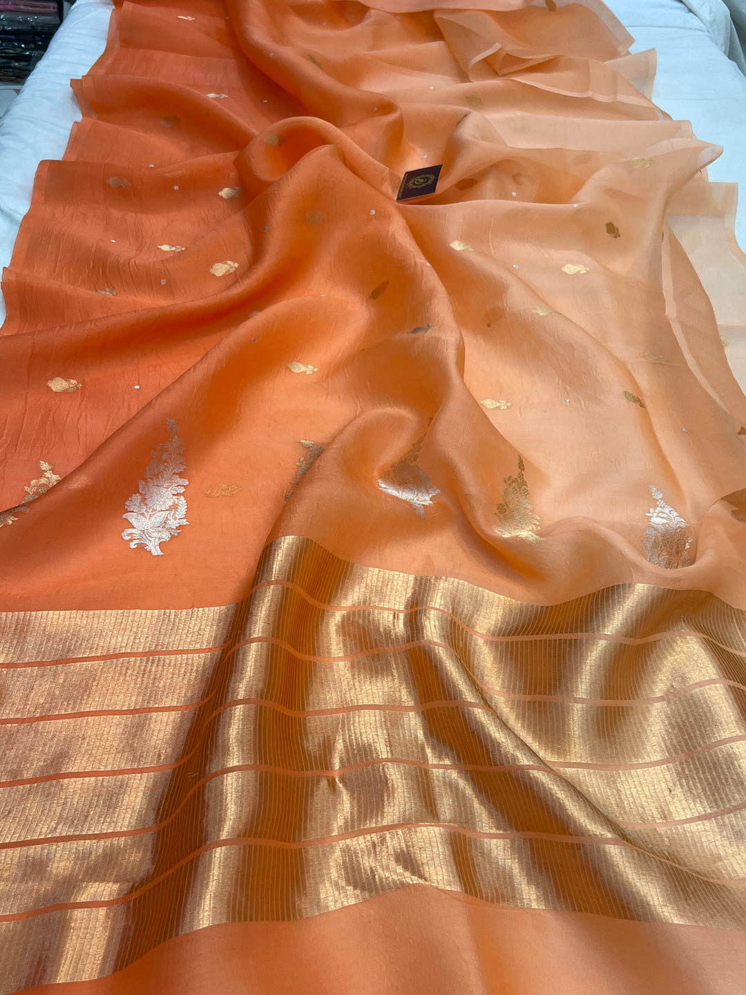 Orange Pure Kora Silk Handloom Banarasi Saree