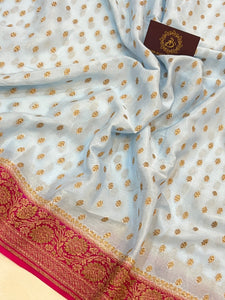 Pastel Blue Pure Banarasi Khaddi Crepe Silk Saree - Aura Benaras