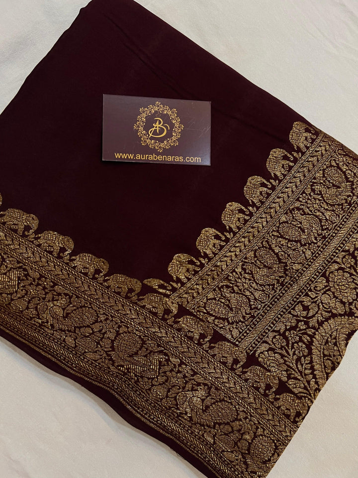 Coffee Brown Pure Banarasi Khaddi Crepe Silk Saree - Aura Benaras