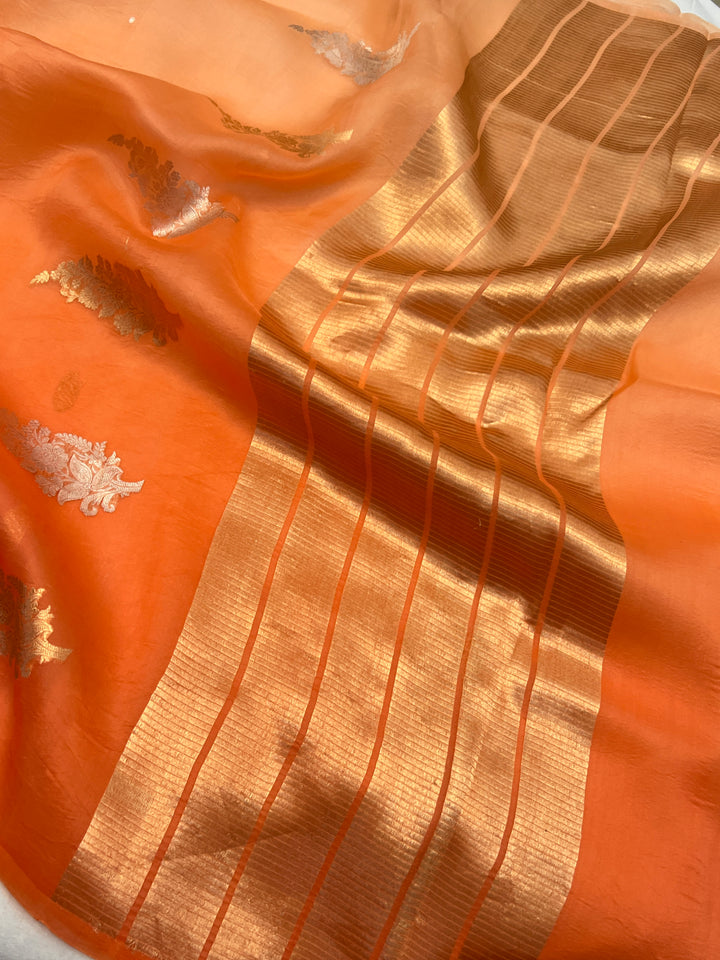 Orange Pure Kora Silk Handloom Banarasi Saree
