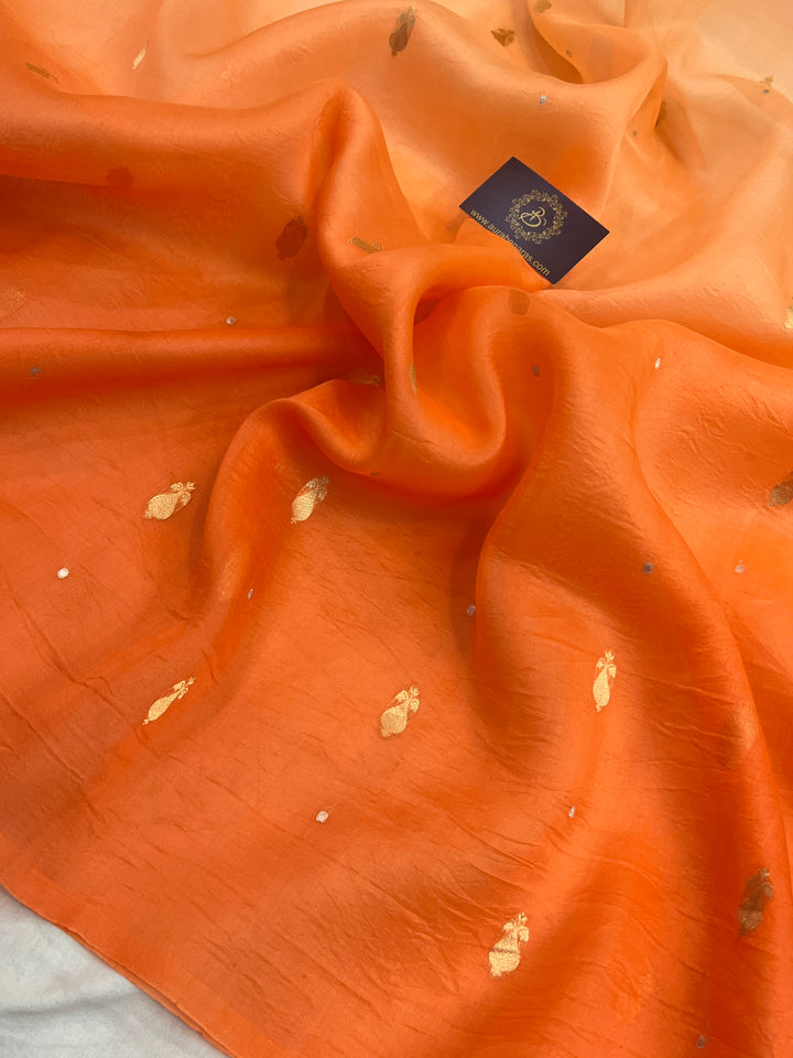 Orange Pure Kora Silk Handloom Banarasi Saree