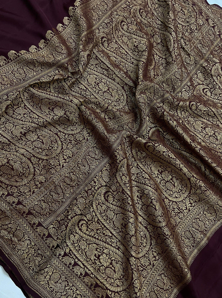 Coffee Brown Pure Banarasi Khaddi Crepe Silk Saree - Aura Benaras