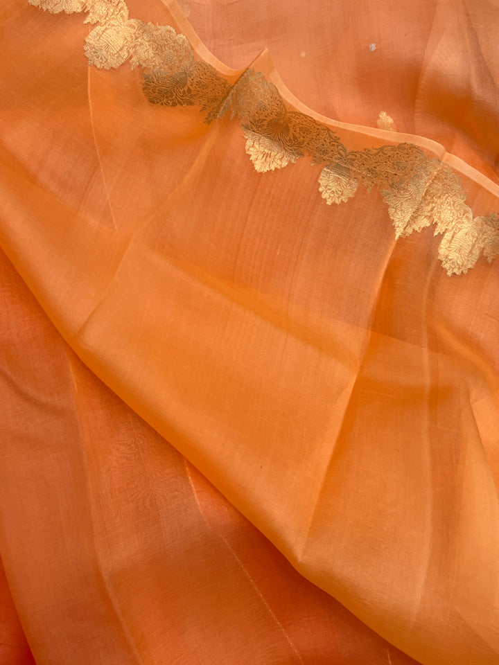 Orange Pure Kora Silk Handloom Banarasi Saree