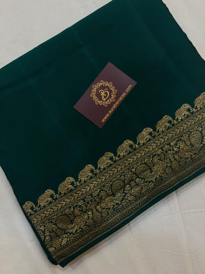 Bottle Green Pure Banarasi Khaddi Crepe Silk Saree - Aura Benaras