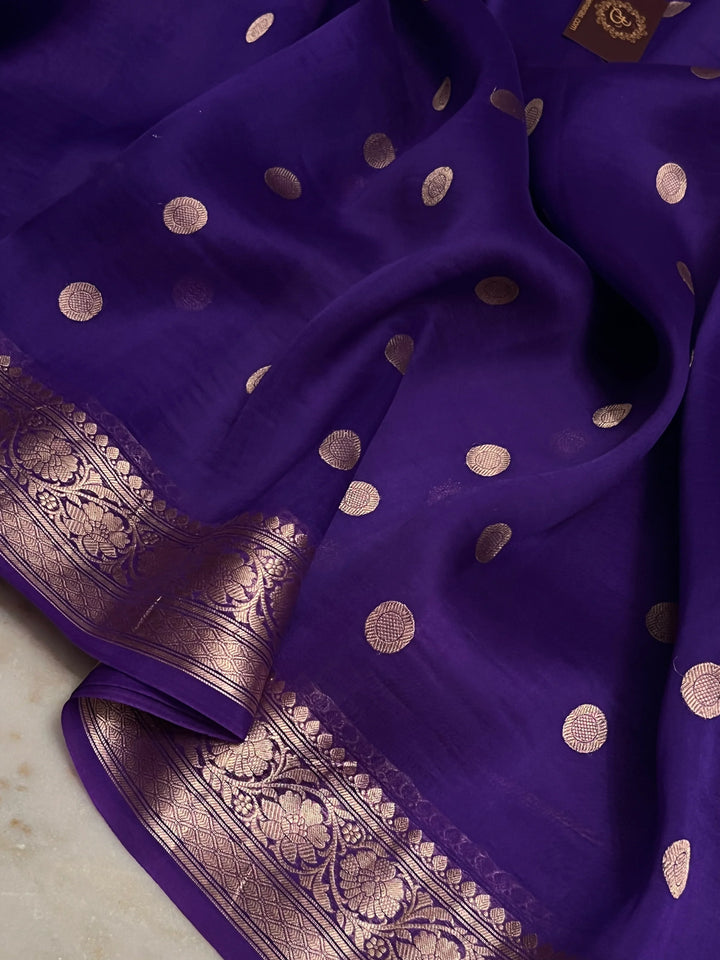 Purple Pure Banarasi handloom saree with intricate golden Kadhwa motifs 