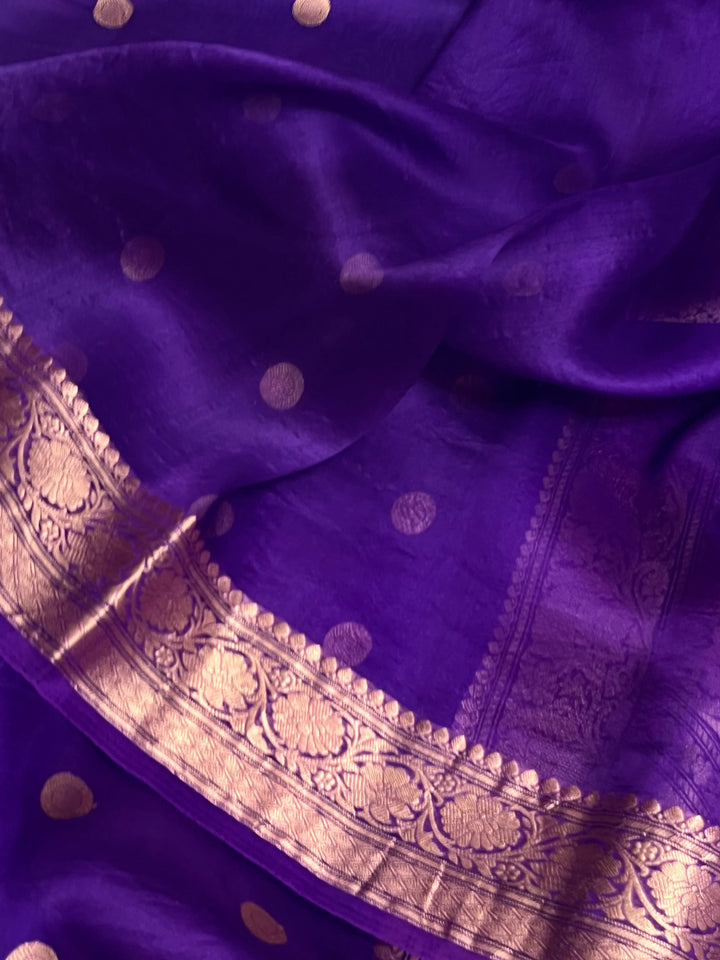 Purple Pure Banarasi handloom saree with intricate golden Kadhwa motifs 