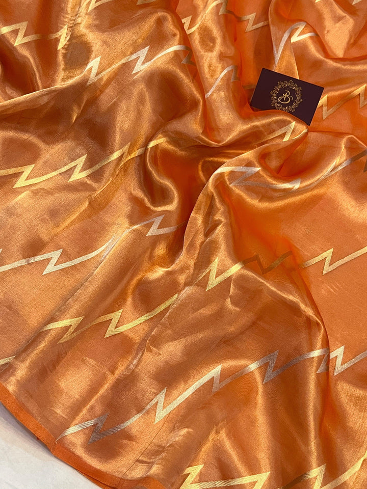 Orange Banarasi Handloom Tissue Silk Saree - Aura Benaras