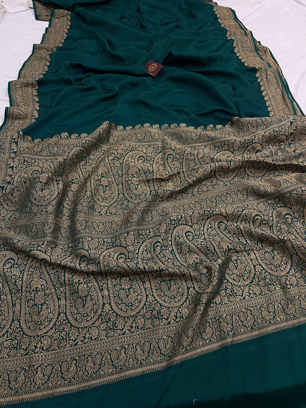 Bottle Green Pure Banarasi Khaddi Crepe Silk Saree - Aura Benaras