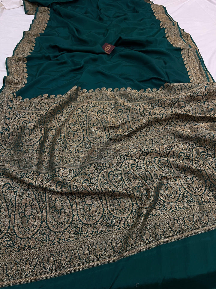Bottle Green Pure Banarasi Khaddi Crepe Silk Saree - Aura Benaras