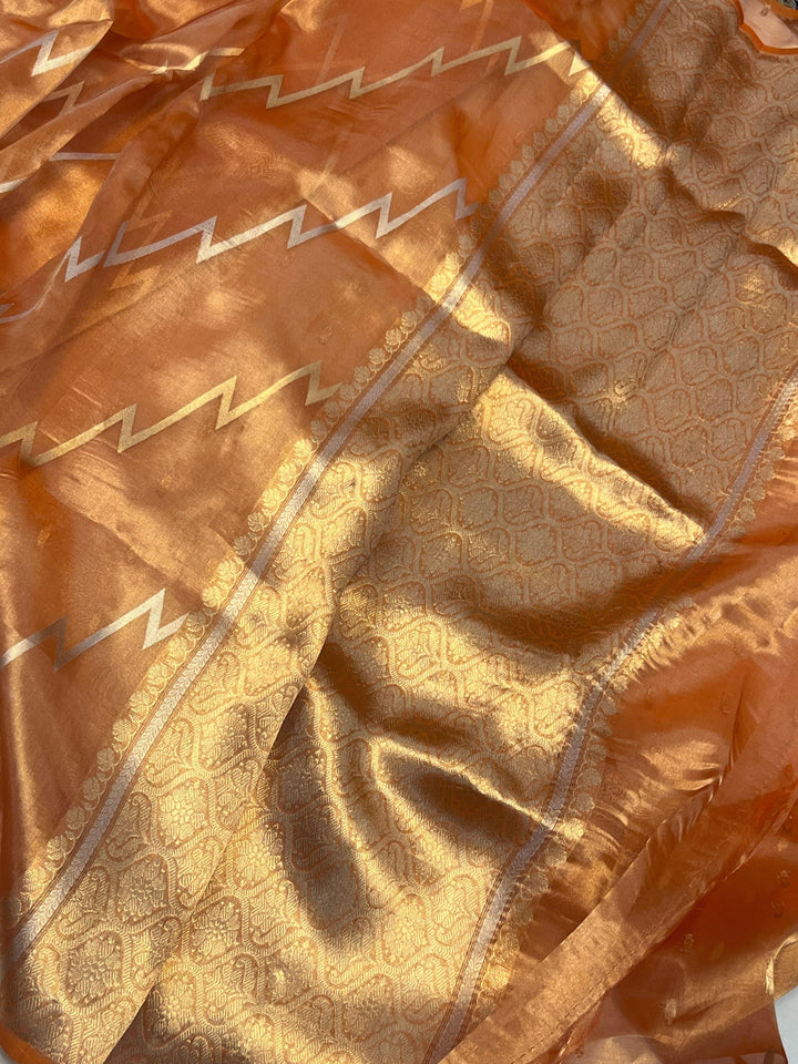 Orange Banarasi Handloom Tissue Silk Saree - Aura Benaras