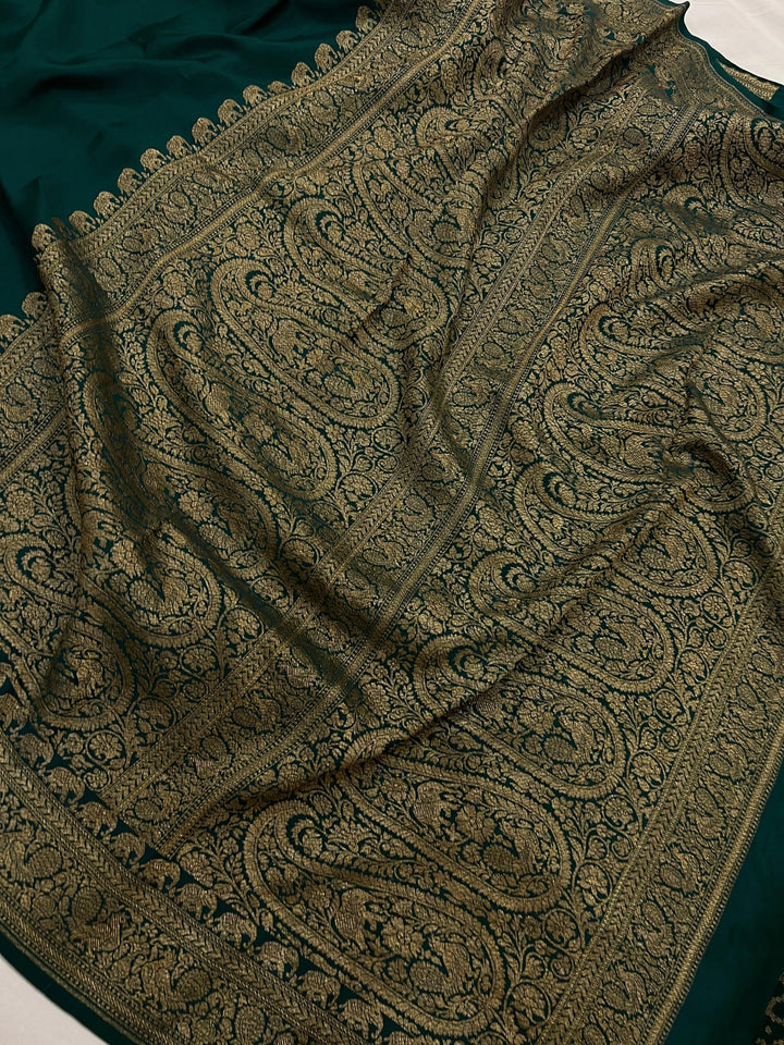 Bottle Green Pure Banarasi Khaddi Crepe Silk Saree - Aura Benaras