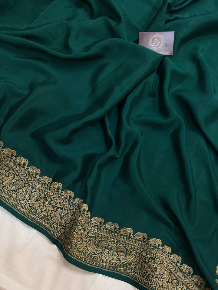 Bottle Green Pure Banarasi Khaddi Crepe Silk Saree - Aura Benaras