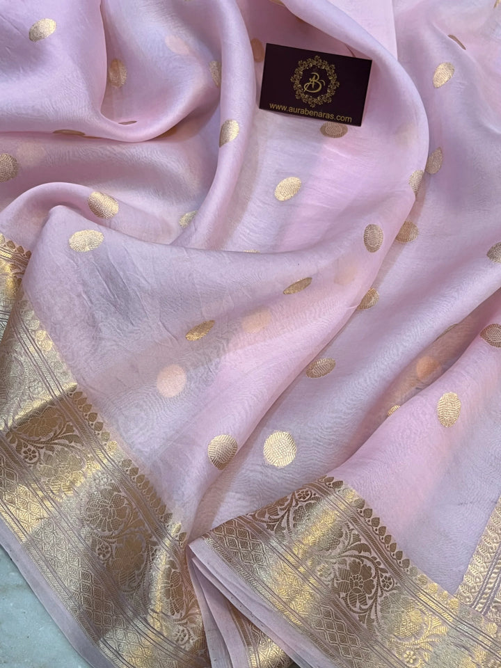 Pale Pink Pure Banarasi handloom saree with intricate golden Kadhwa motifs 