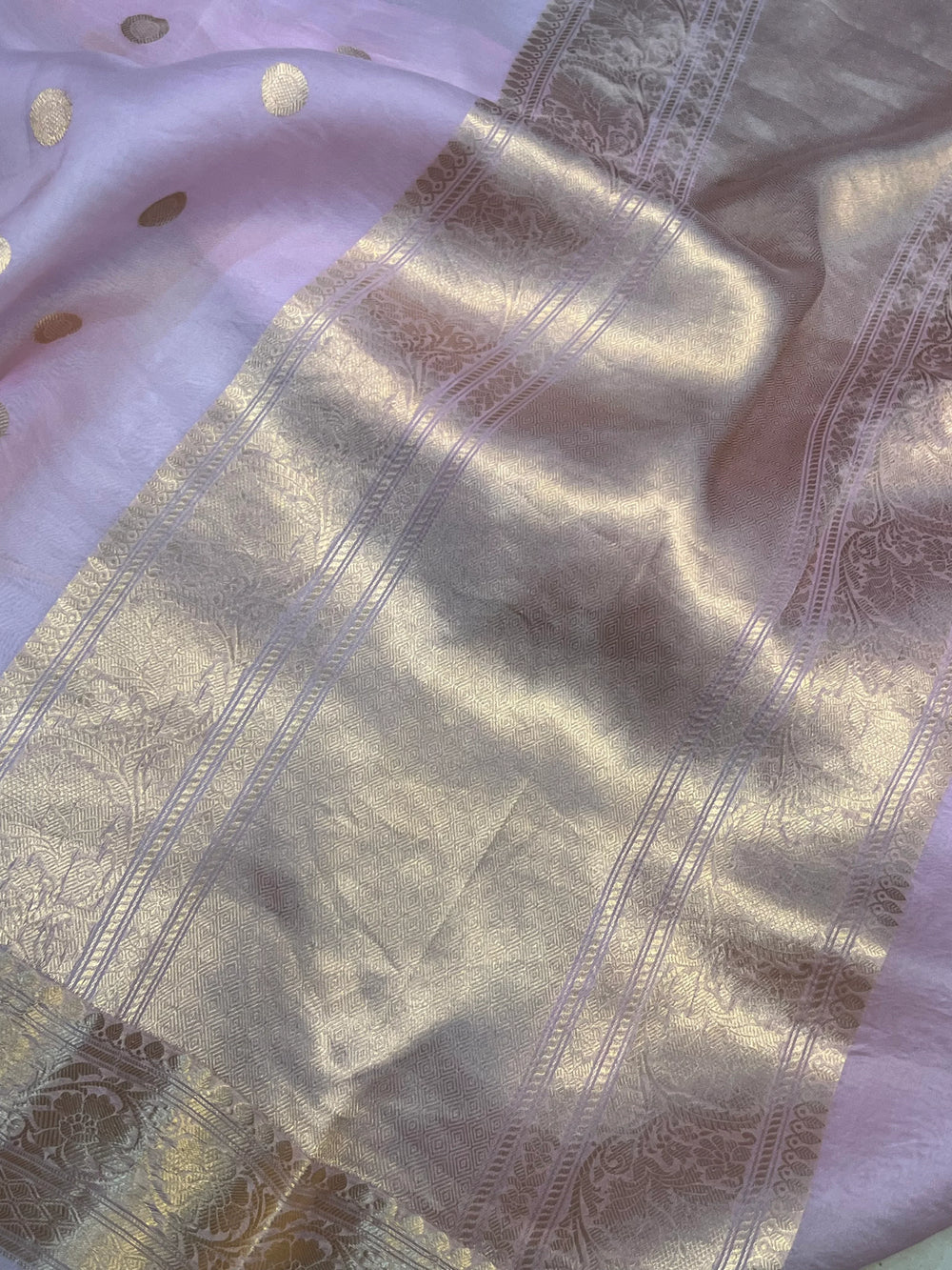 Pale Pink Pure Banarasi handloom saree with intricate golden Kadhwa motifs 